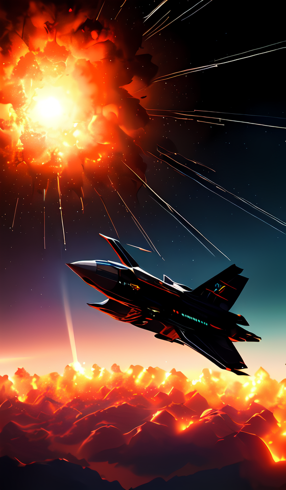 09702-579408438-a matte black fighter starship, (flying away from an explosion_1.4), cinematic lens flare, bloom, dynamic lighting, massive fire.png